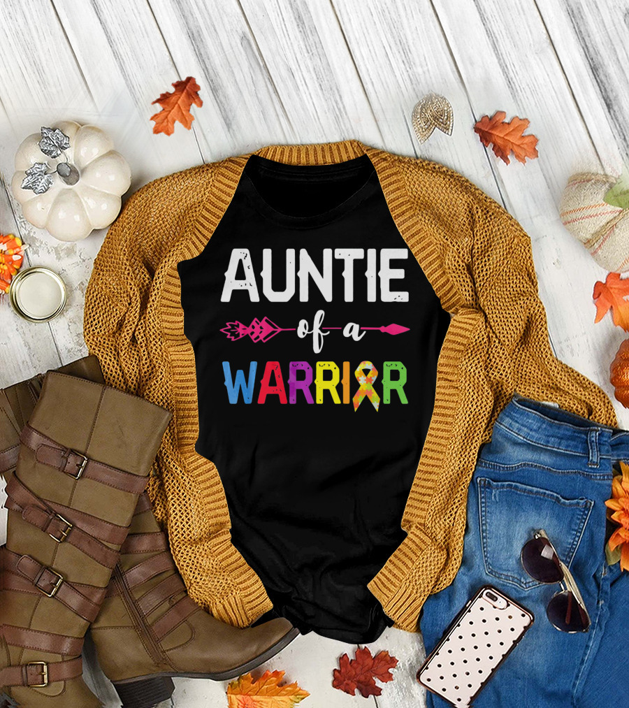 Auntie of a Warrior Autism Awareness Colorful Puzzle T-Shirt