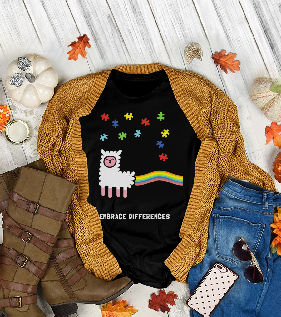 Embrace Differences Autism Awareness Llama Rainbow Puzzle Pieces T-Shirt