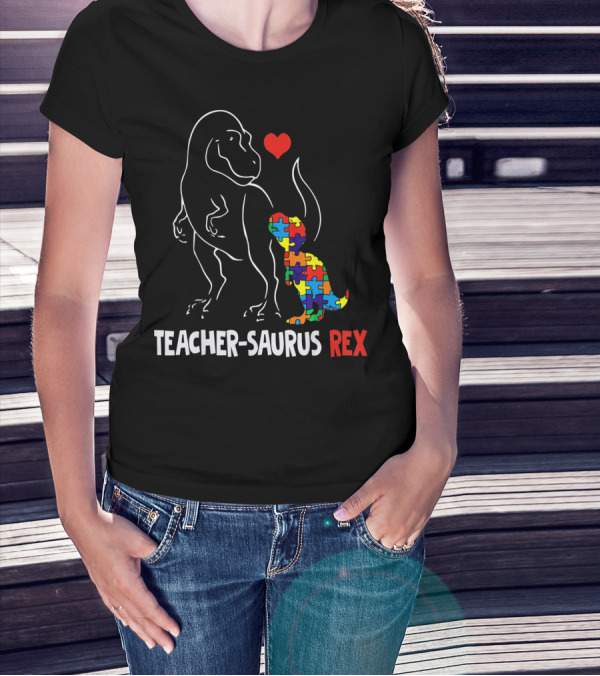 Teacher Saurus Rex Dinosaur With Heart And Colorful Puzzle T-Shirt