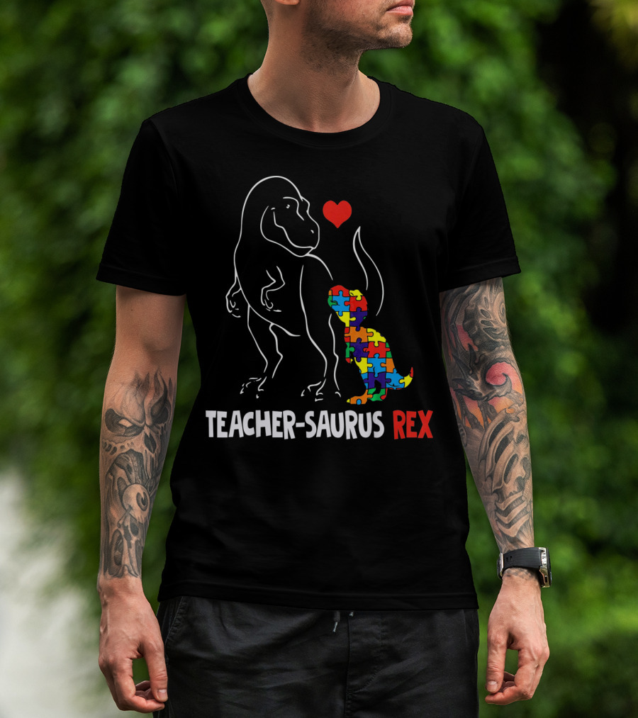 Teacher Saurus Rex Dinosaur With Heart And Colorful Puzzle T-Shirt