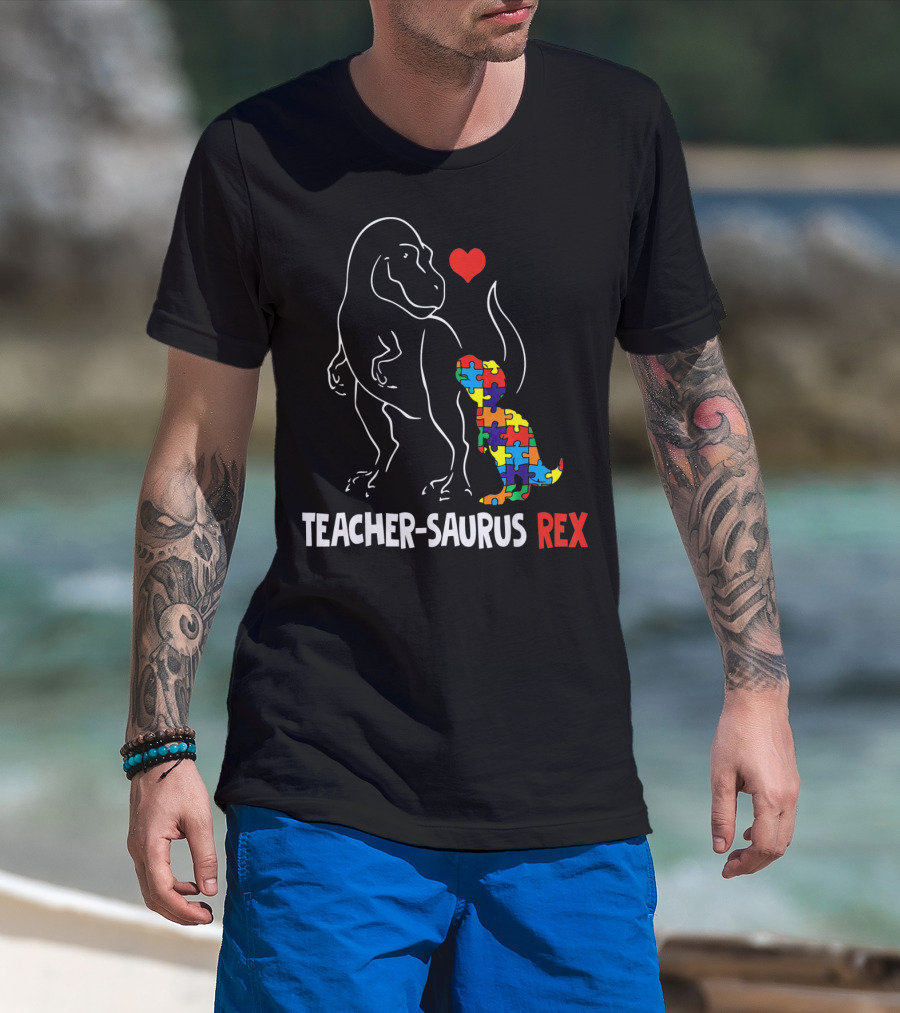 Teacher Saurus Rex Dinosaur With Heart And Colorful Puzzle T-Shirt