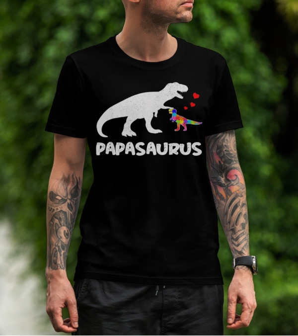 Papasaurus Dinosaur Puzzle Piece Autism Hearts T-Shirt