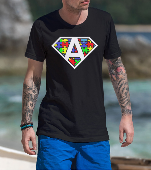 Autism Awareness Superhero Puzzle Shield Emblem T-Shirt