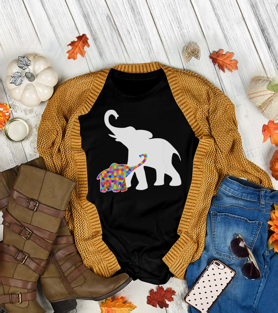 Elephant Autism Awareness Puzzle Pattern Support T-Shirt