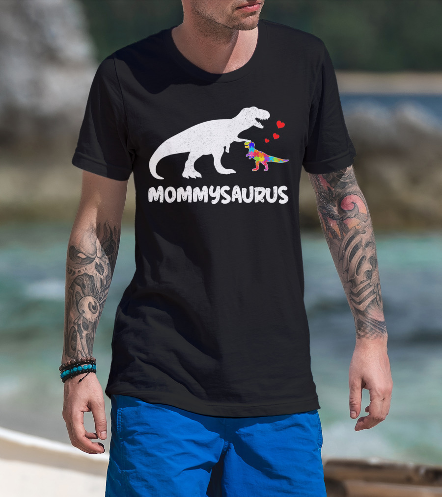 Mommysaurus Dinosaur Autism Puzzle Hearts T-Shirt