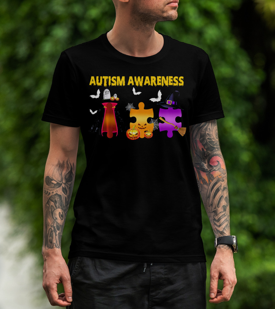 Autism Awareness Halloween Puzzle Pieces With Witch Hat Bats And Pumpkins T-Shirt