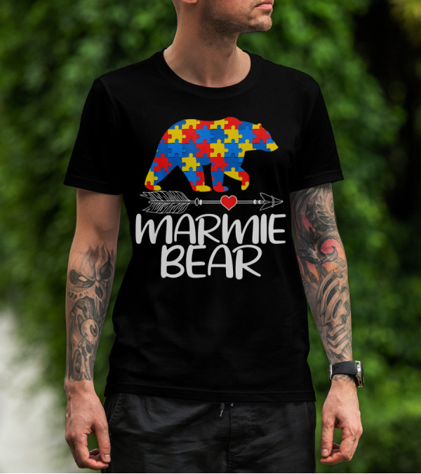 Marmie Bear Autism Awareness Puzzle Heart Arrow T-Shirt