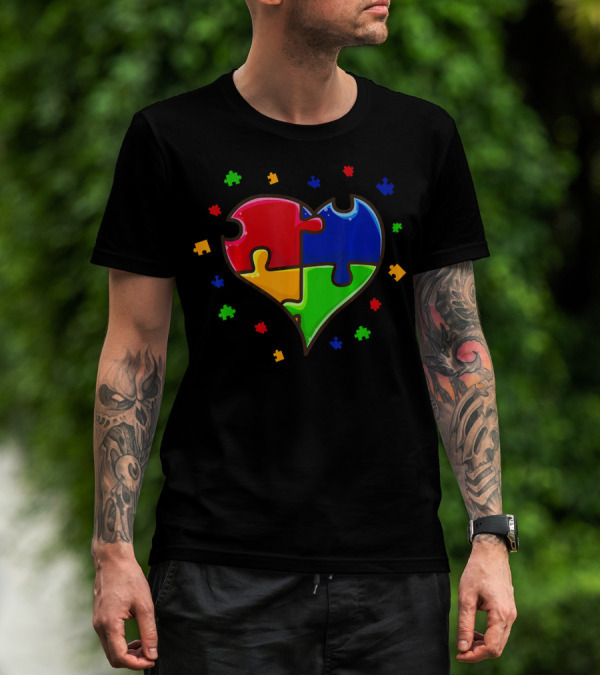 Autism Awareness Month Love Heart Puzzle Pieces T-Shirt
