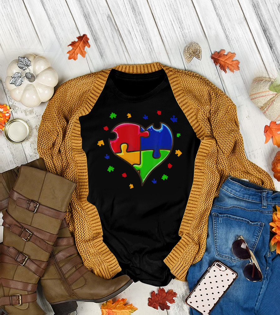 Autism Awareness Month Love Heart Puzzle Pieces T-Shirt