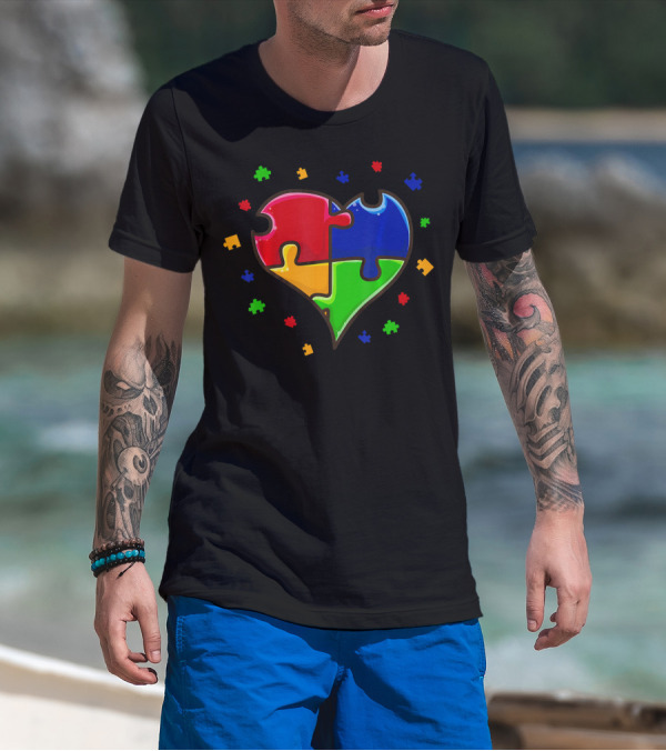 Autism Awareness Month Love Heart Puzzle Pieces T-Shirt