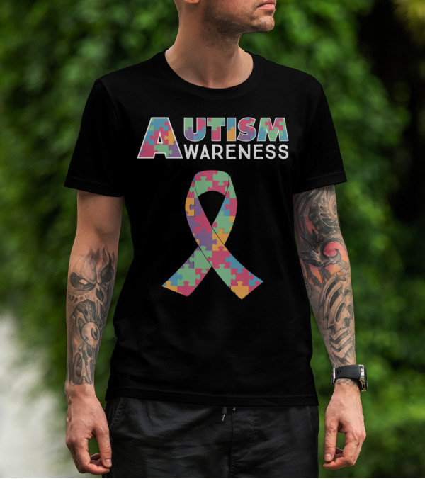 Autism Awareness Puzzle Ribbon And Colored Lettering T-Shirt