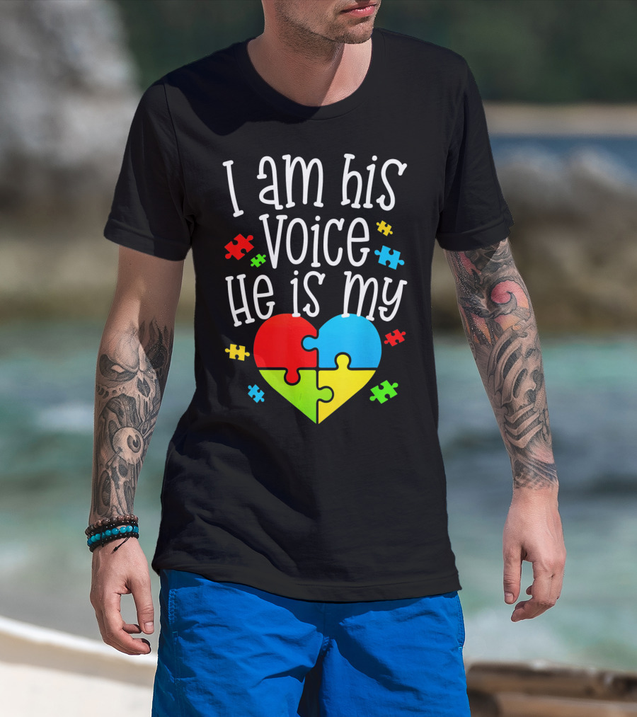 I Am His Voice He Is My Heart Autism Puzzle Pieces T-Shirt