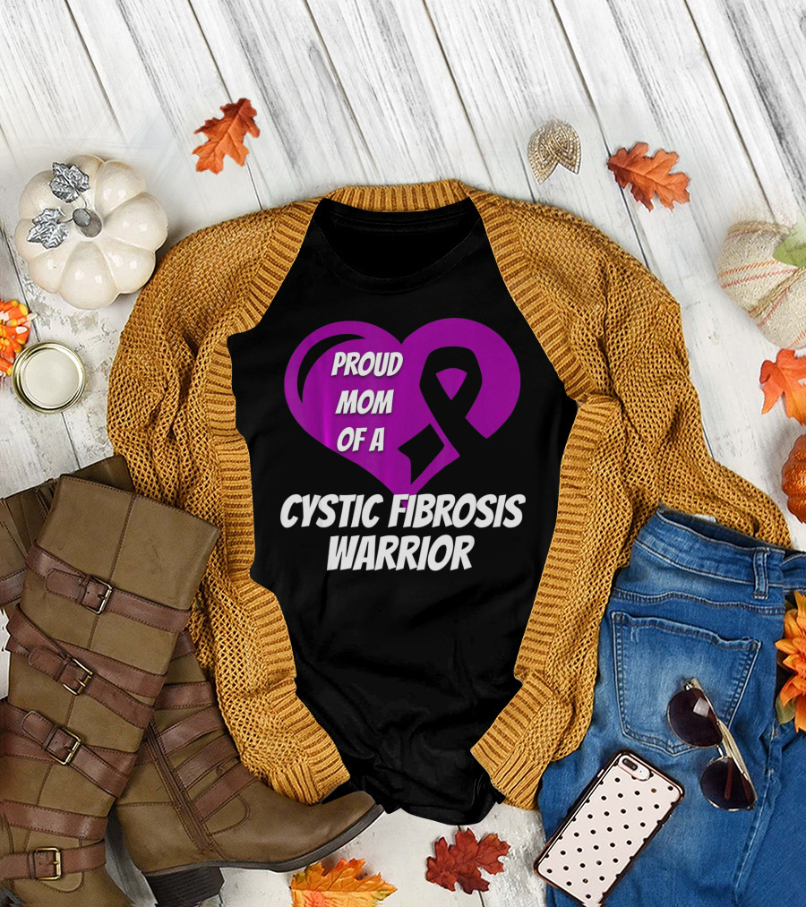 Proud Mom of a Cystic Fibrosis Warrior Purple Ribbon Heart T-Shirt