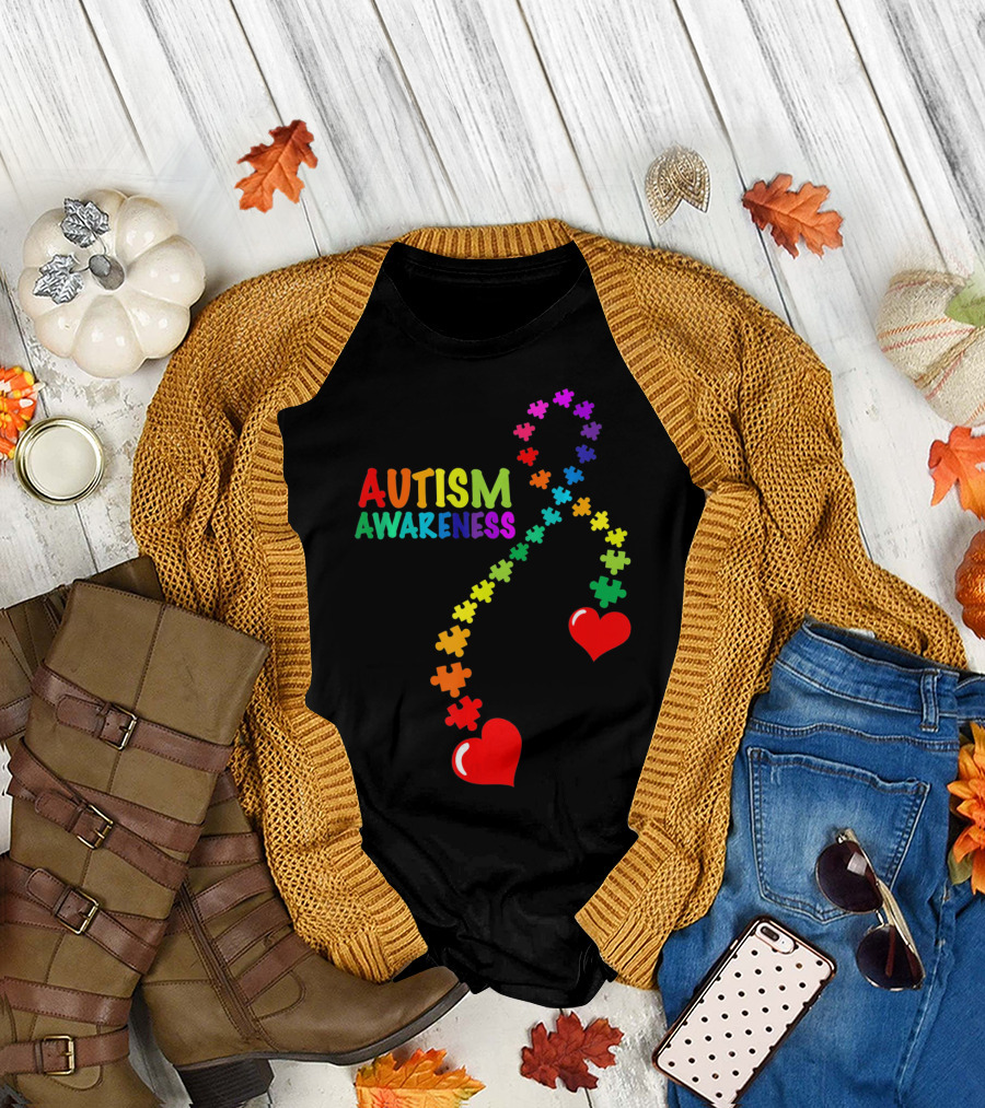 Autism Awareness Puzzle Heart Ribbon Rainbow T-Shirt