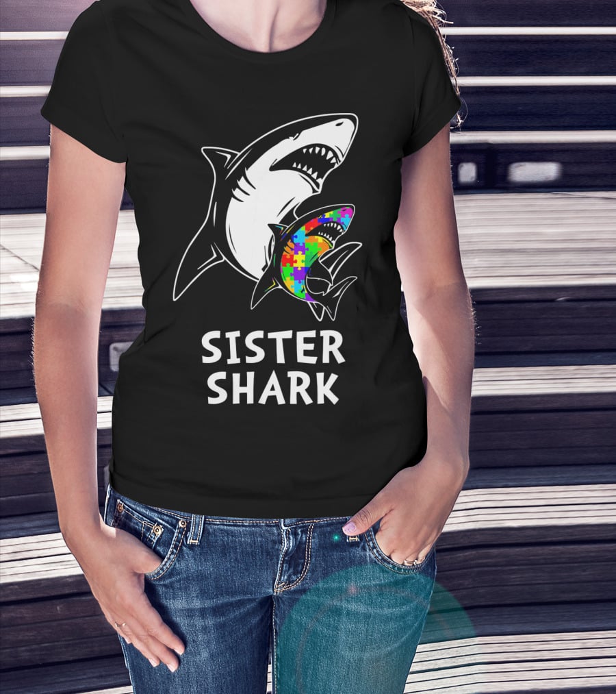 Sister Shark Autism Awareness Puzzle T-Shirt