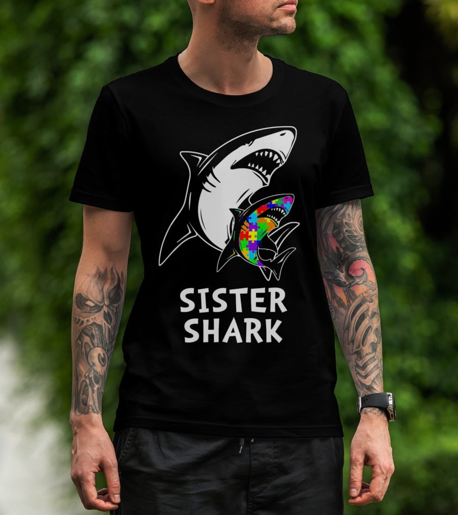 Sister Shark Autism Awareness Puzzle T-Shirt