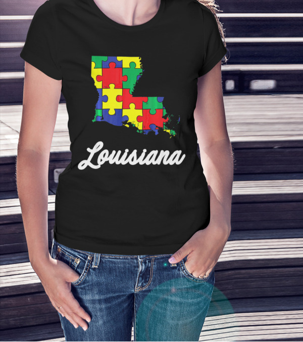 Autism Awareness Puzzle Map Louisiana T-Shirt
