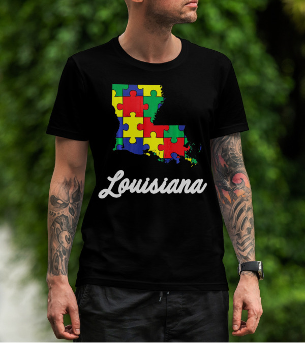 Autism Awareness Puzzle Map Louisiana T-Shirt