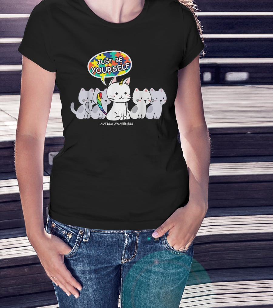 Autism Awareness Just Be Yourself Cat Unicorn With Puzzle T-Shirt