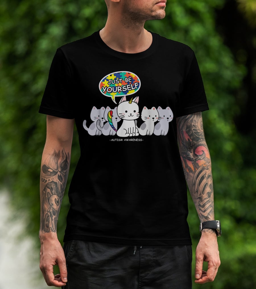Autism Awareness Just Be Yourself Cat Unicorn With Puzzle T-Shirt