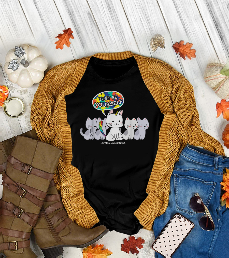Autism Awareness Just Be Yourself Cat Unicorn with Puzzle T-Shirt
