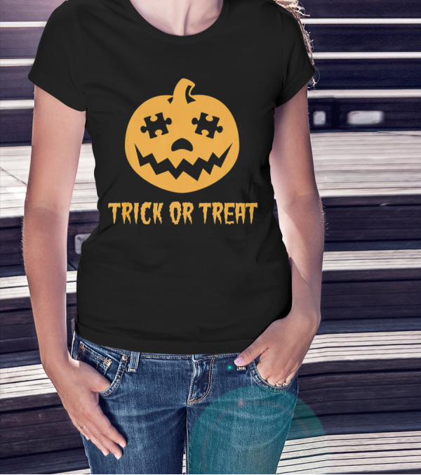 Trick Or Treat Halloween Autism Awareness Pumpkin Puzzle T-Shirt