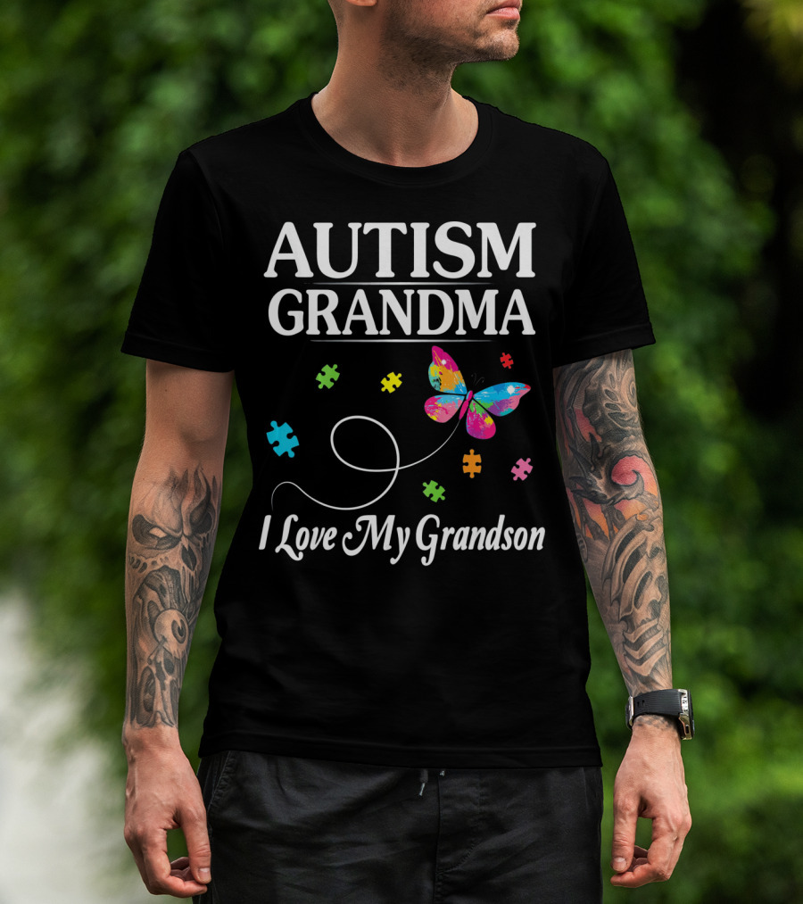 Autism Grandma I Love My Grandson Butterfly Puzzle Pieces T-Shirt