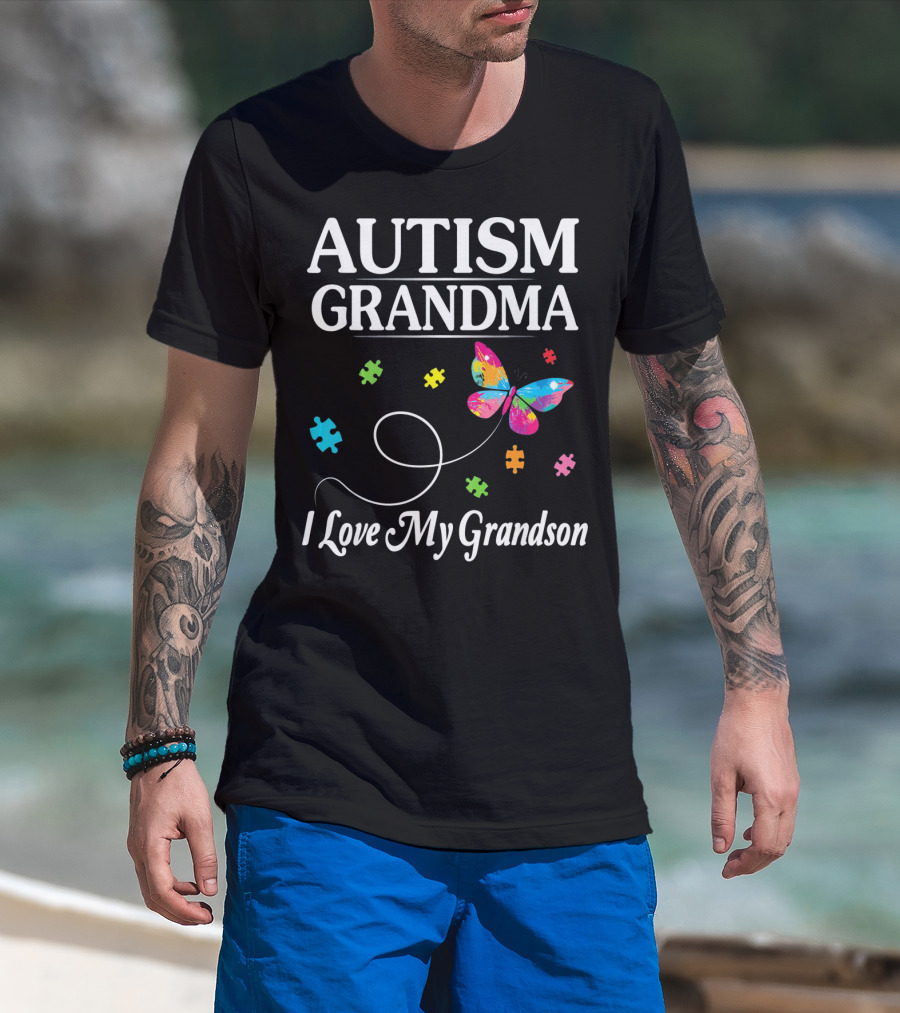 Autism Grandma I Love My Grandson Butterfly Puzzle Pieces T-Shirt