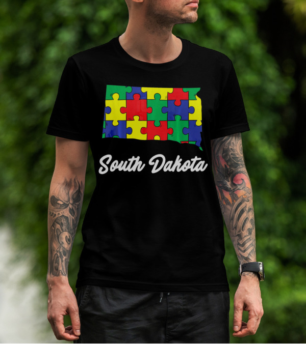 South Dakota Autism Awareness Puzzle Map T-Shirt
