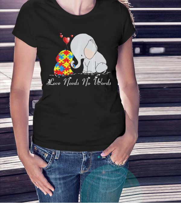 Love Needs No Words Autism Awareness Elephant Puzzle Hearts T-Shirt