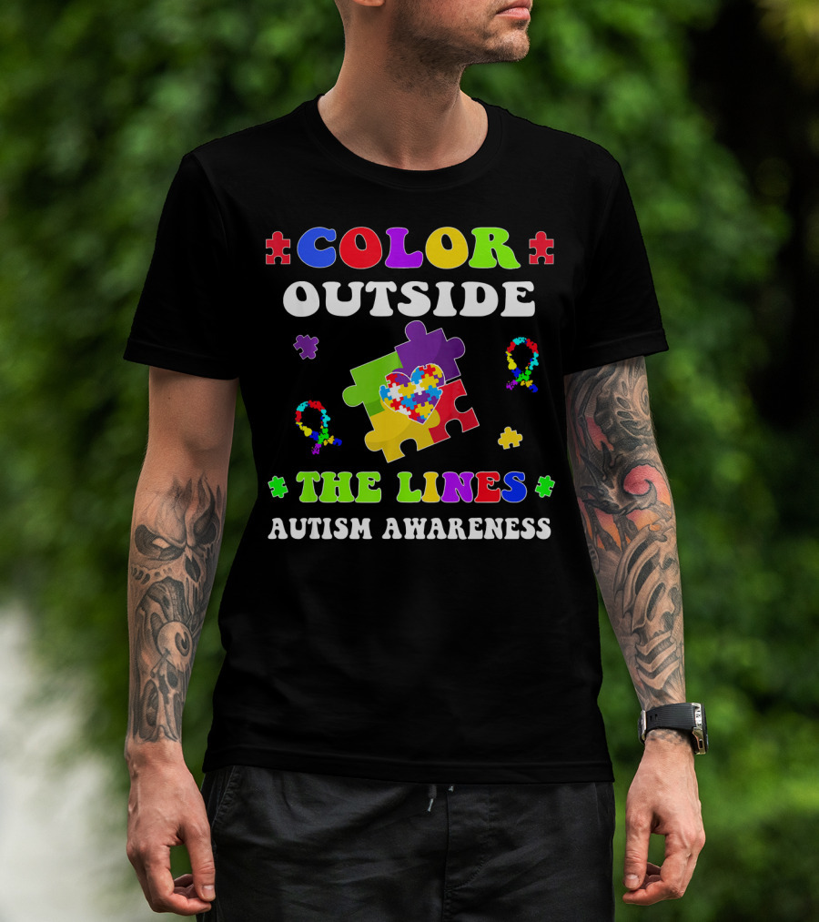 Color Outside The Lines Autism Awareness Puzzle Piece Heart T-Shirt