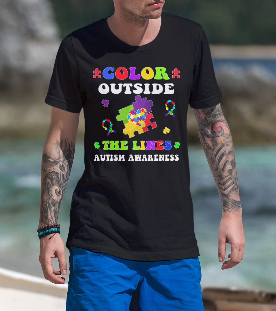 Color Outside The Lines Autism Awareness Puzzle Piece Heart T-Shirt