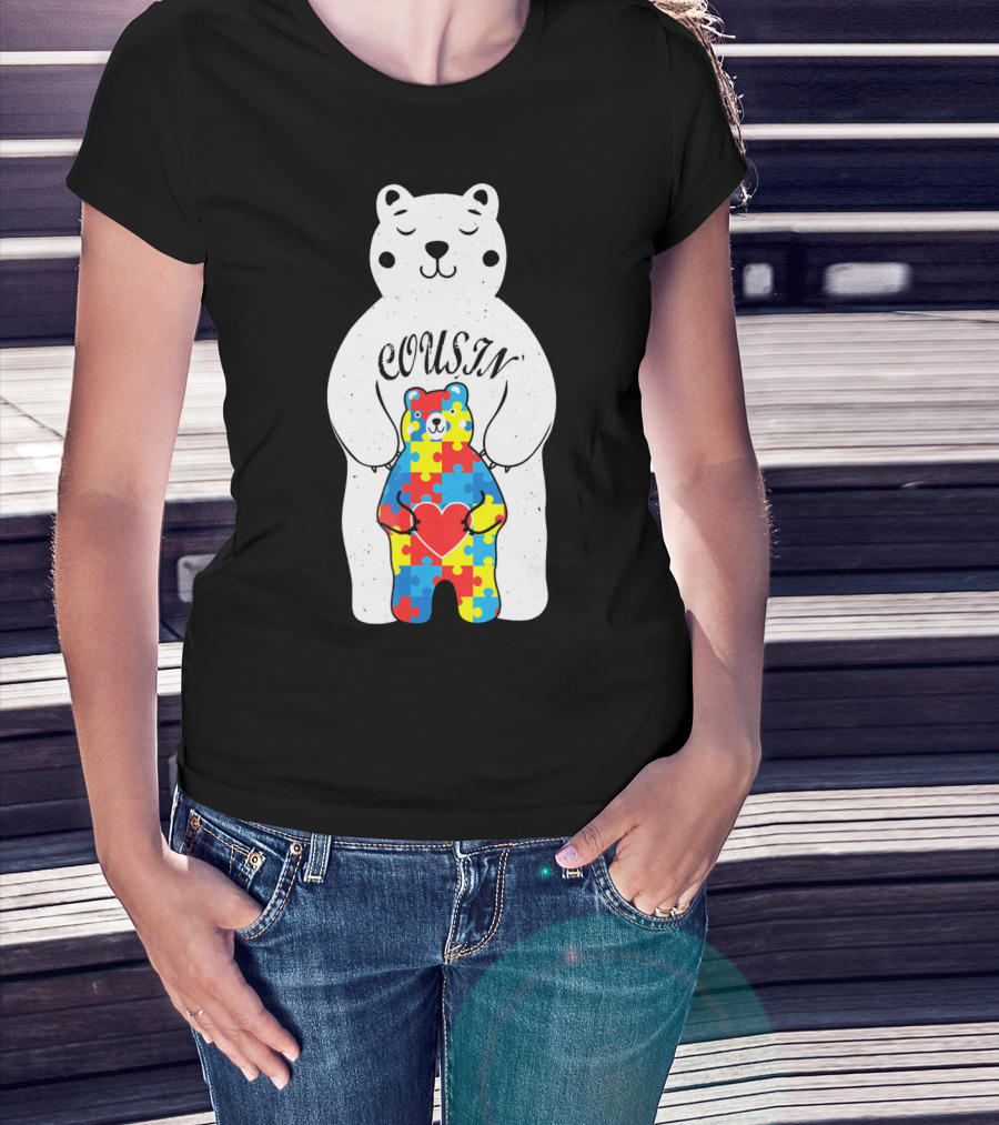 Cousin Bear Holding Autism Awareness Puzzle Heart ASD T-Shirt