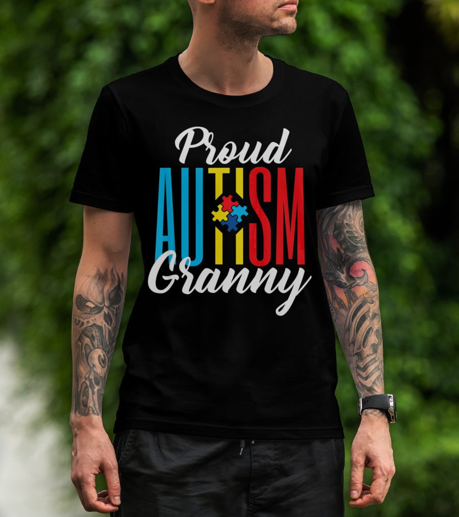 Proud Autism Granny With Colorful Puzzle Awareness T-Shirt