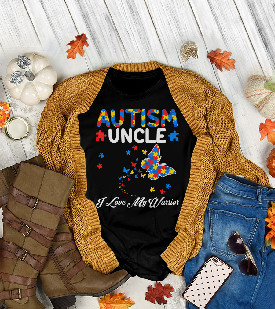 Autism Uncle I Love My Warrior Butterfly Puzzle Pieces T-Shirt