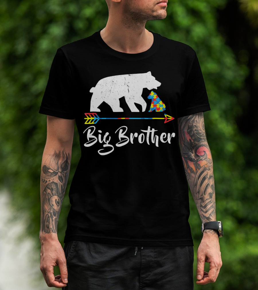 Big Brother Bear Autism Awareness Puzzle Pattern Arrow T-Shirt
