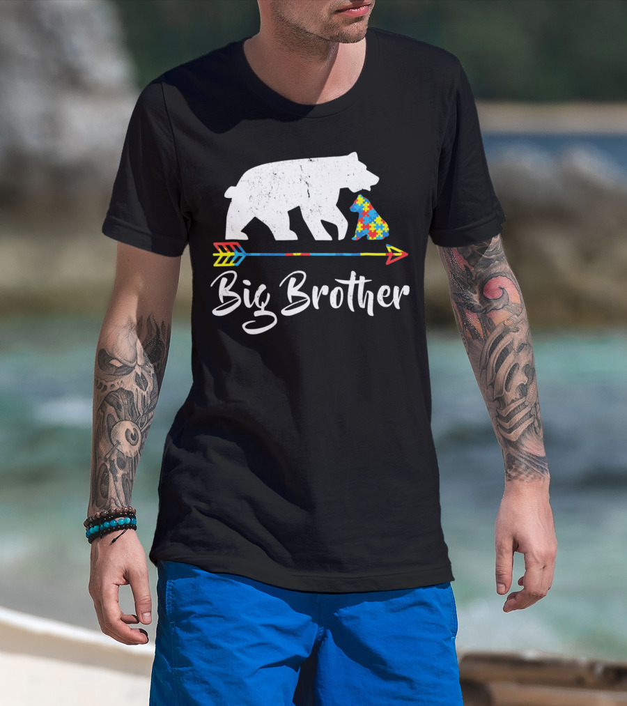 Big Brother Bear Autism Awareness Puzzle Pattern Arrow T-Shirt