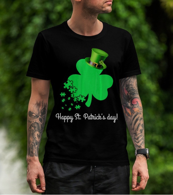 Happy St. Patrick's Day Shamrock With Puzzle Pieces Autism Awareness T-Shirt