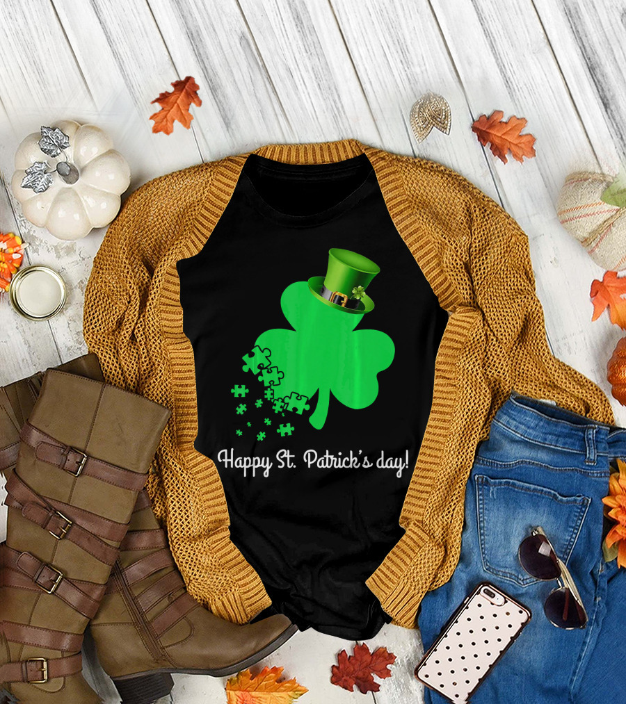 Happy St. Patrick's Day Shamrock with Puzzle Pieces Autism Awareness T-Shirt