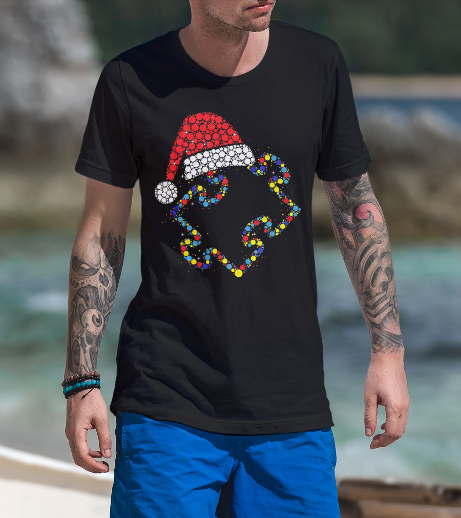 Santa Hat With Colorful Puzzle Pieces Autism Awareness T-Shirt