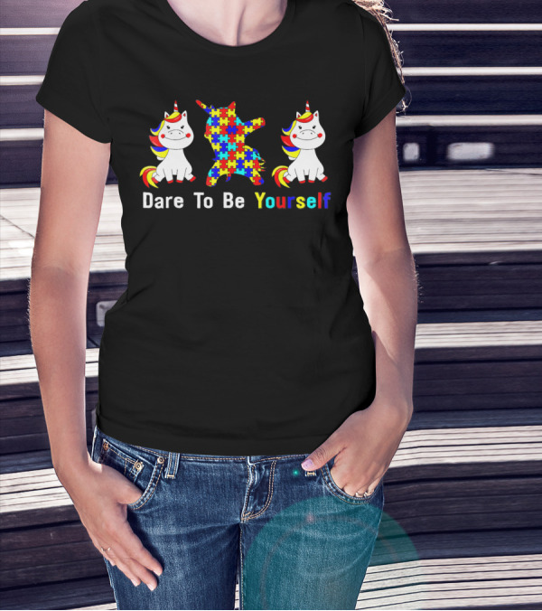 Dare To Be Yourself Autism Awareness Unicorn Puzzle Dabbing T-Shirt