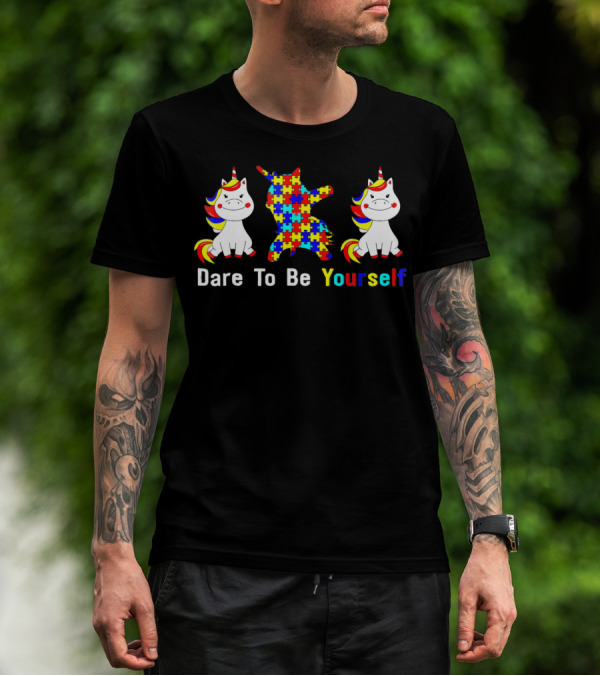 Dare To Be Yourself Autism Awareness Unicorn Puzzle Dabbing T-Shirt
