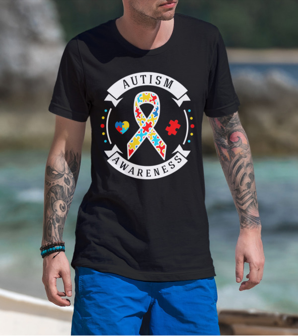 Autism Awareness White Puzzle Piece Ribbon Heart T-Shirt