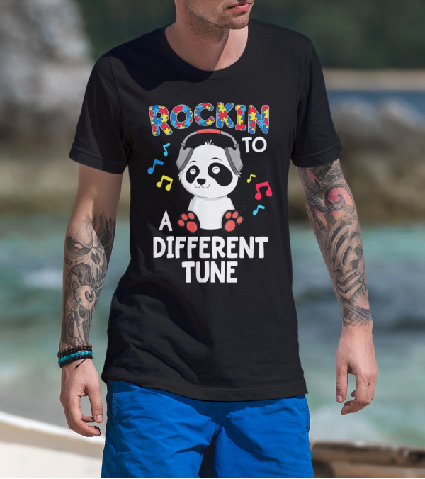 Rockin To A Different Tune Panda Autism Headphones Puzzle Music Notes T-Shirt