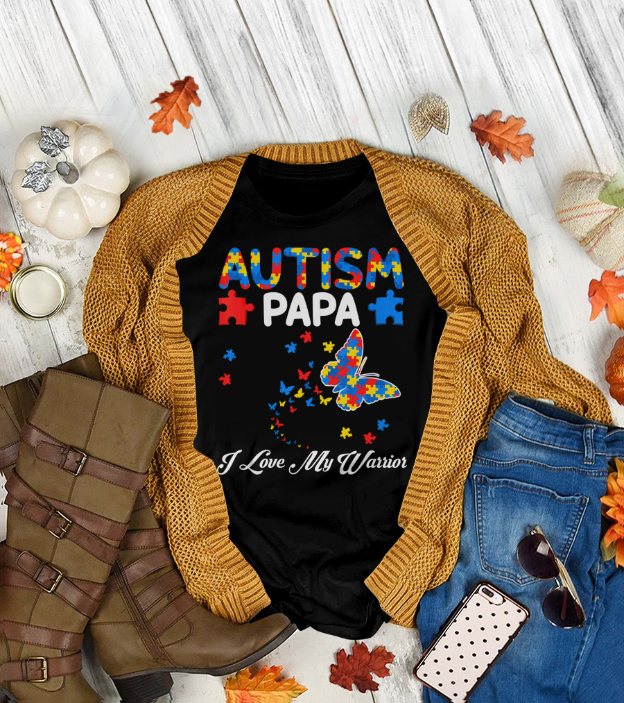 Autism Papa I Love My Warrior Butterfly Puzzle T-Shirt