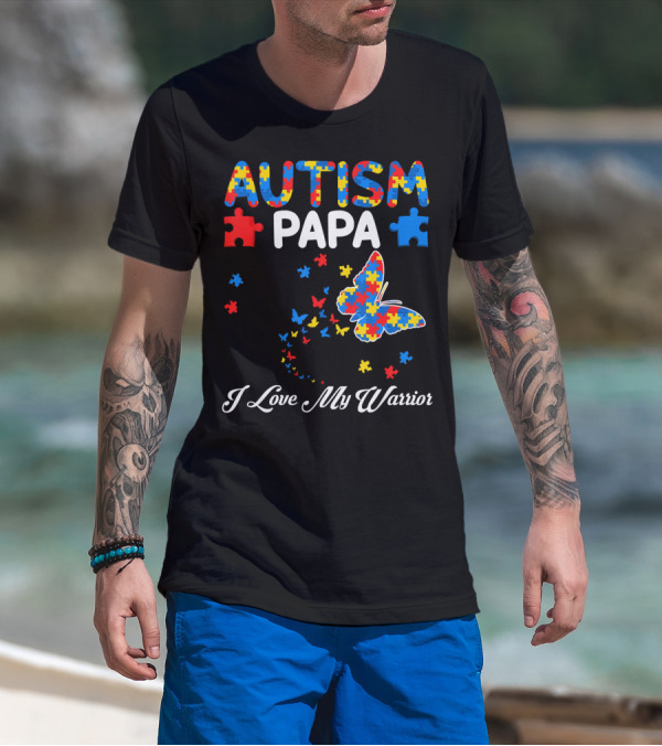 Autism Papa I Love My Warrior Butterfly Puzzle T-Shirt