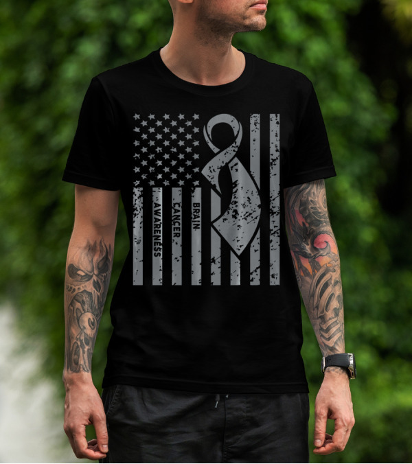 Brain Cancer Awareness Ribbon American Flag T-Shirt
