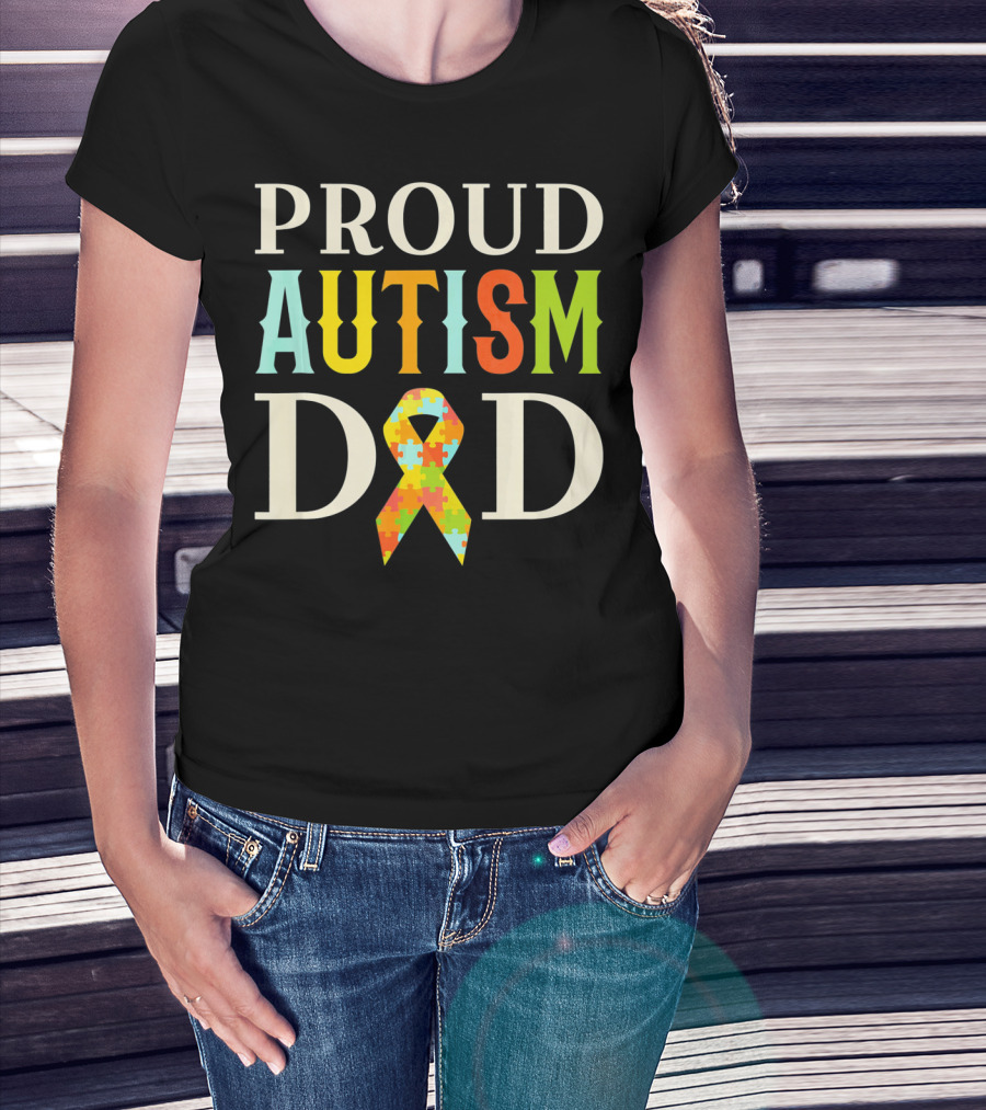 Proud Autism Dad Multicolor Puzzle Ribbon Awareness T-Shirt