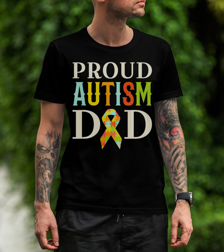Proud Autism Dad Multicolor Puzzle Ribbon Awareness T-Shirt