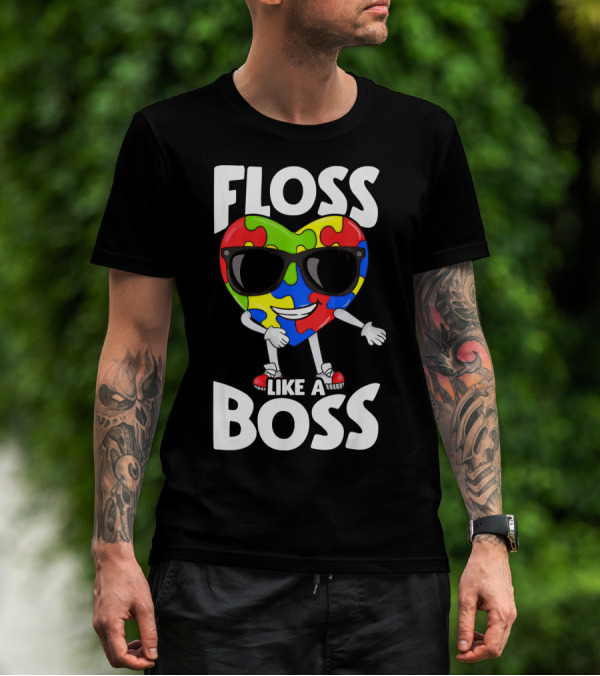 Autism Awareness Floss Like A Boss Puzzle Heart Wearing Sunglasses T-Shirt